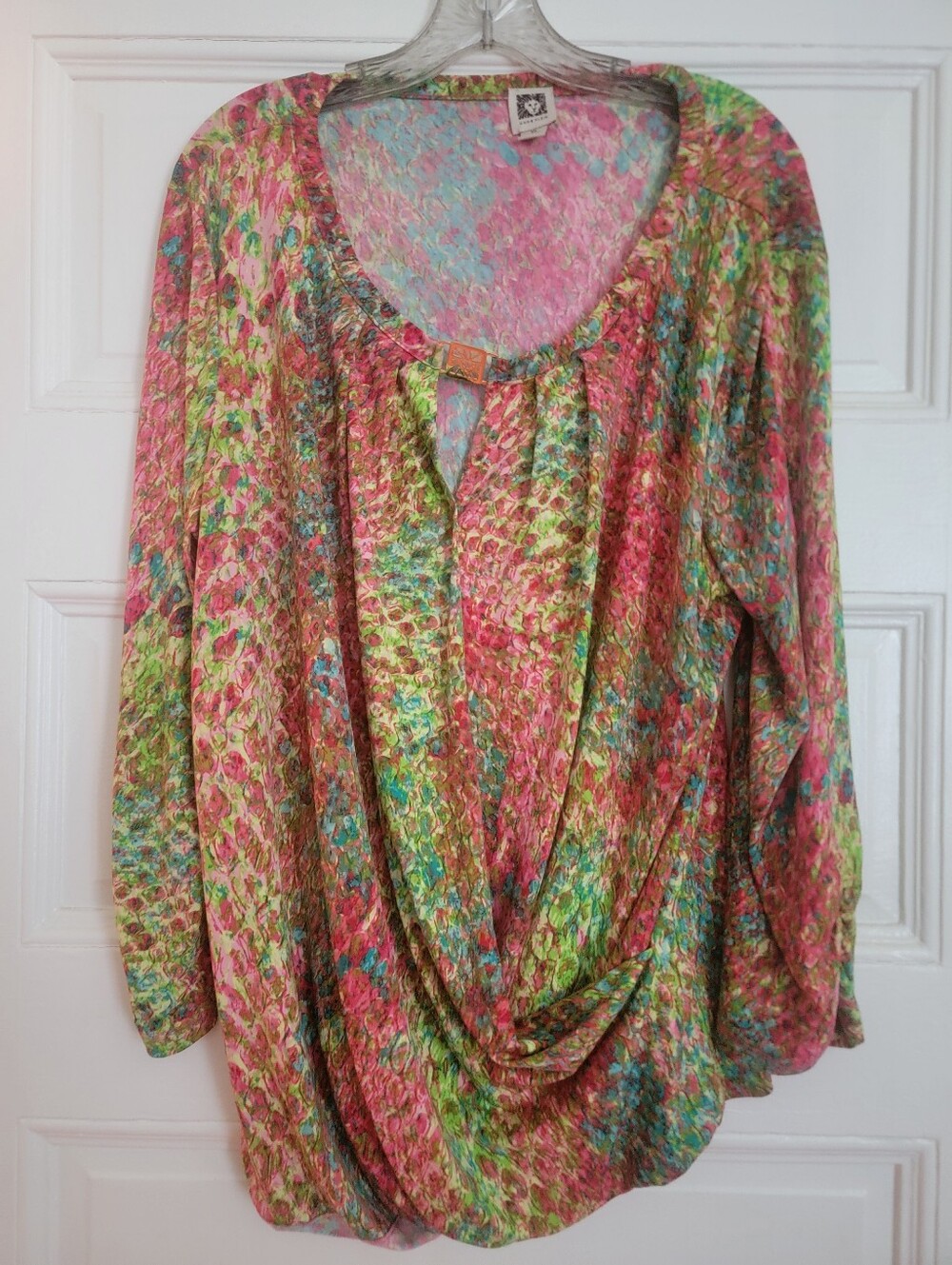 Anne Klein Pink Green Multi-Color Draped Long Sleeve Top XL